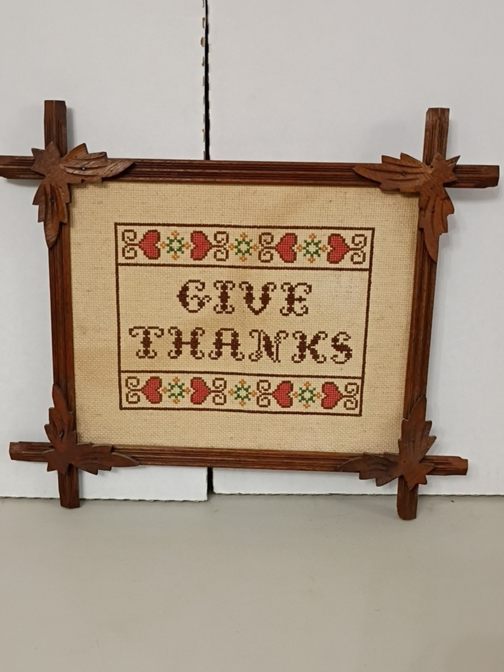 Vintage 'Give Thanks' Framed Cross-Stitch in Brown and Cream